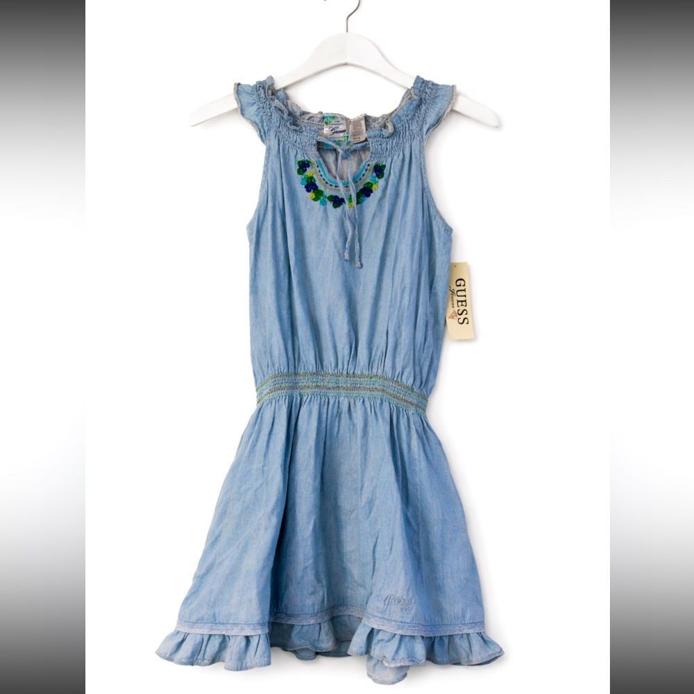 GUESS Chambray Denim Dress Boho Embroidered Coquette Girls Size Large 14 Y2K NWT